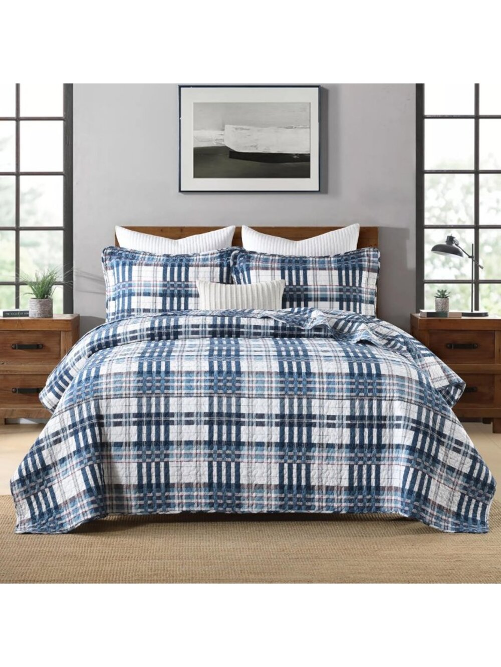 Cozy King Size Gingham Comforter Set - 100% Cotton Blue Red White Plaid Quilt